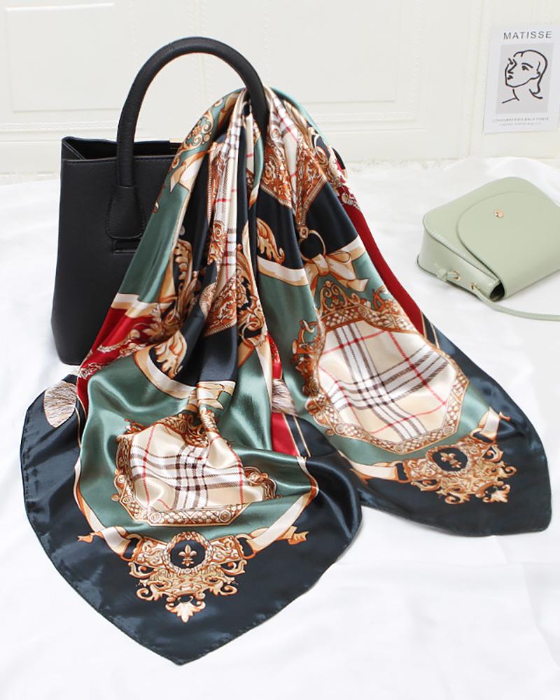 

Graphic Print Vintage Satin Square Silk Scarf, Green