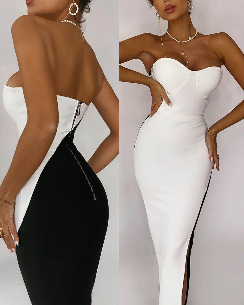 

Colorblock Split Thigh Skinny Tube Dress Chic Slim Fit Skinny Midi Party Dress, Black&white