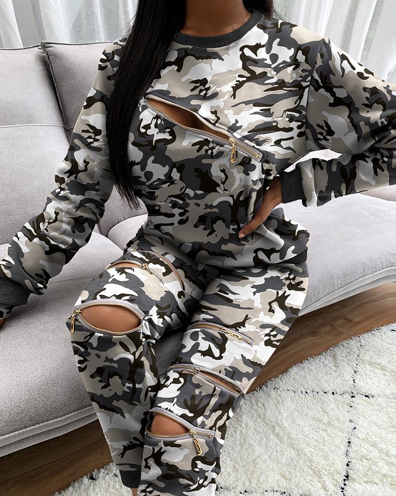 

Camouflage Zip Top & Pocket Design Pants Set, Camoflage