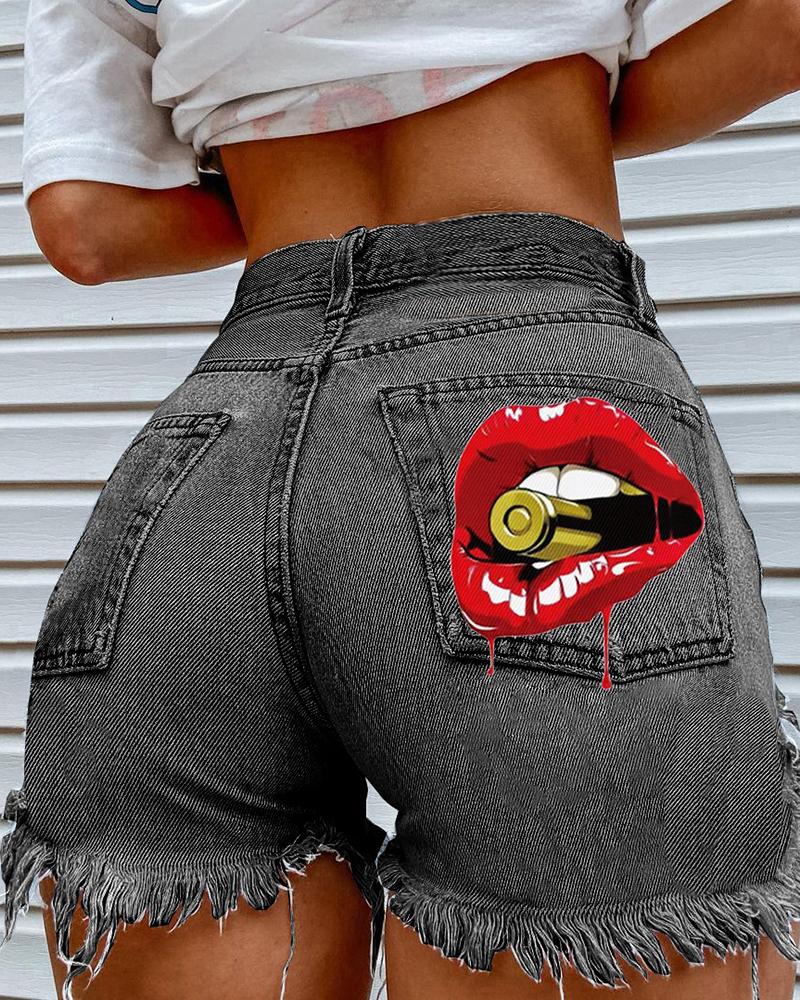 

Ripped Fringe Bullet Lip Print Denim Shorts, Black