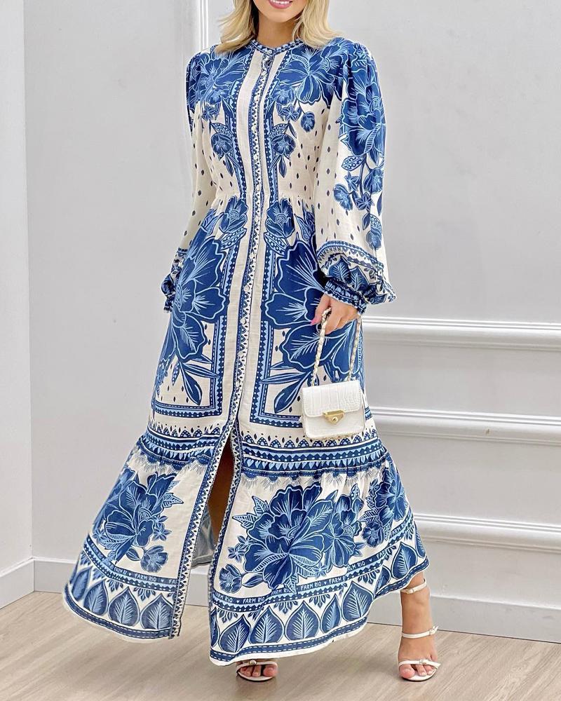 

Floral Print Puff Lantern Sleeve Maxi Dress, Blue