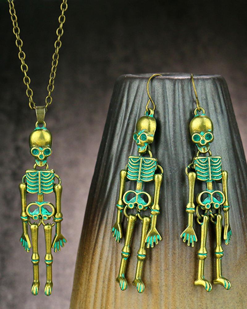 

2PCS Halloween Skeleton Pendant Necklace & Hook Earrings Jewelry Set, Green