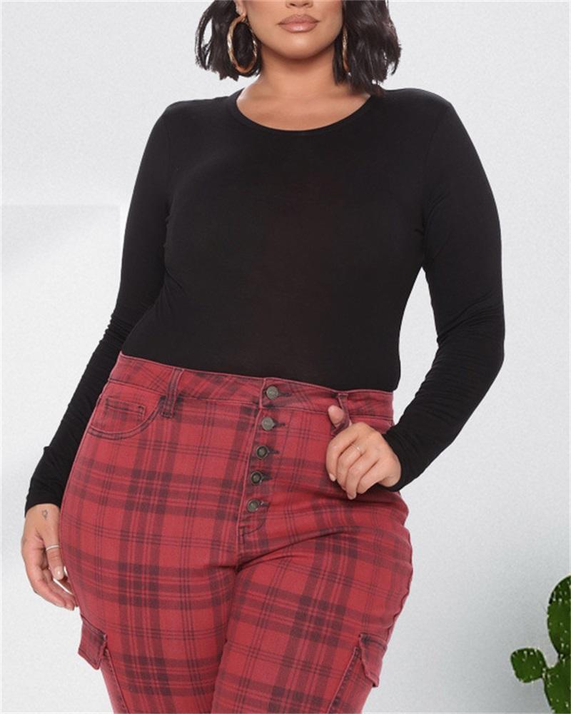 

Plus Size Plain Long Sleeve Skinny Bodysuit, Black