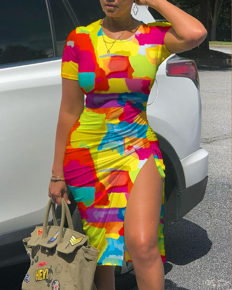

Melting Colors All Over Print Drawstring Slit Dress, Multicolor
