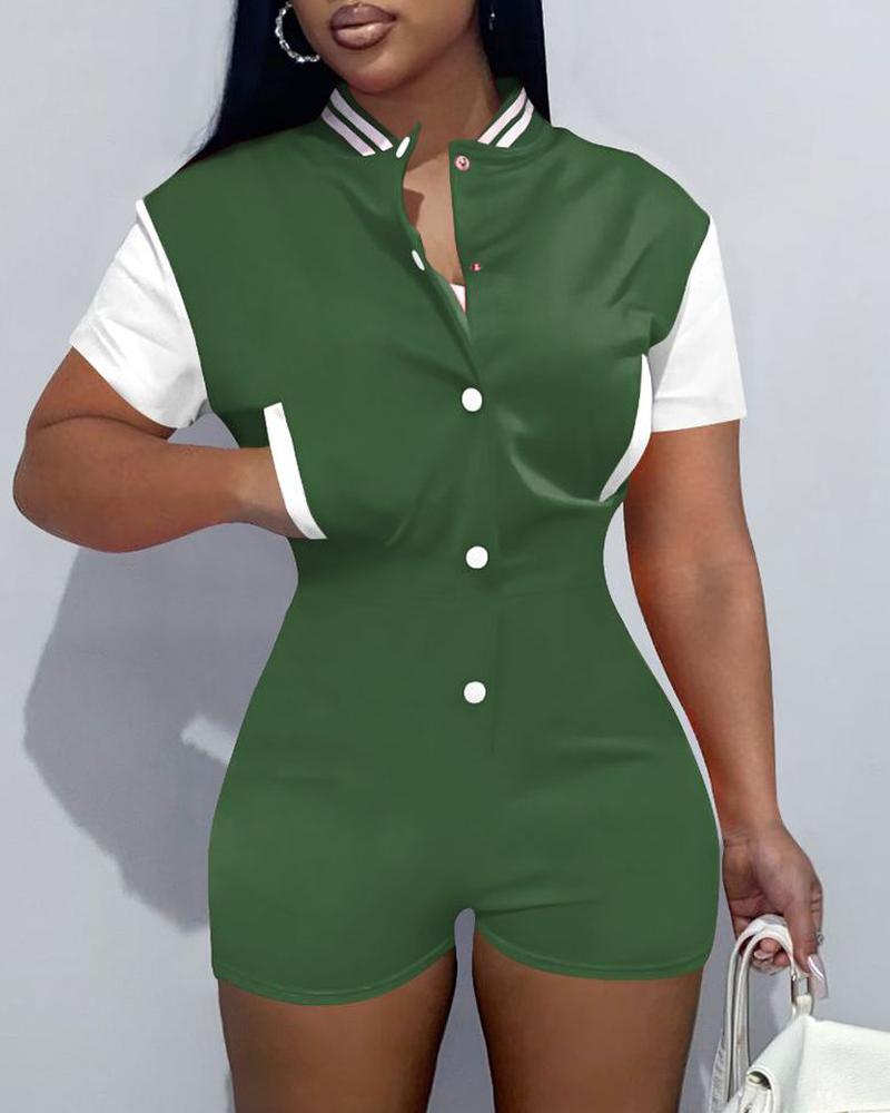 

Baseball Collar Pocket Design Colorblock Romper, Green