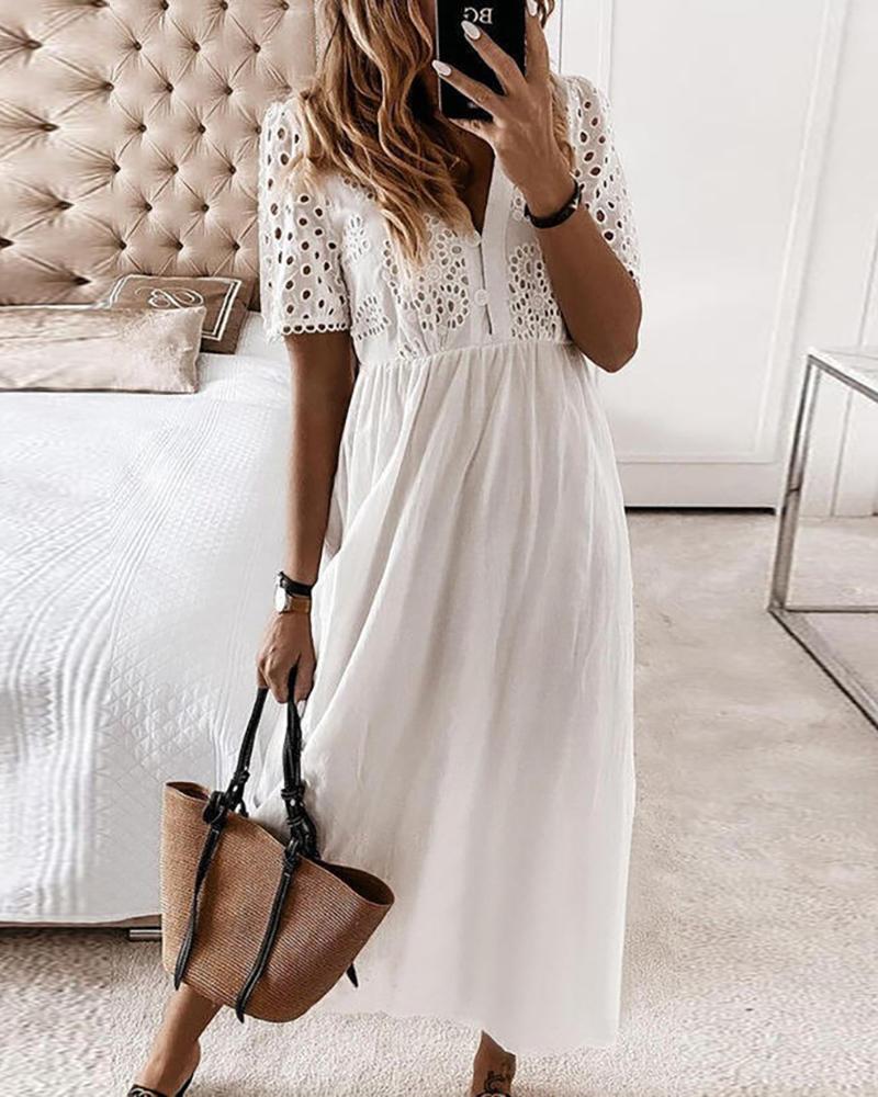 

Eyelet Embroidery Button Front Short Sleeve Casual Dress, White