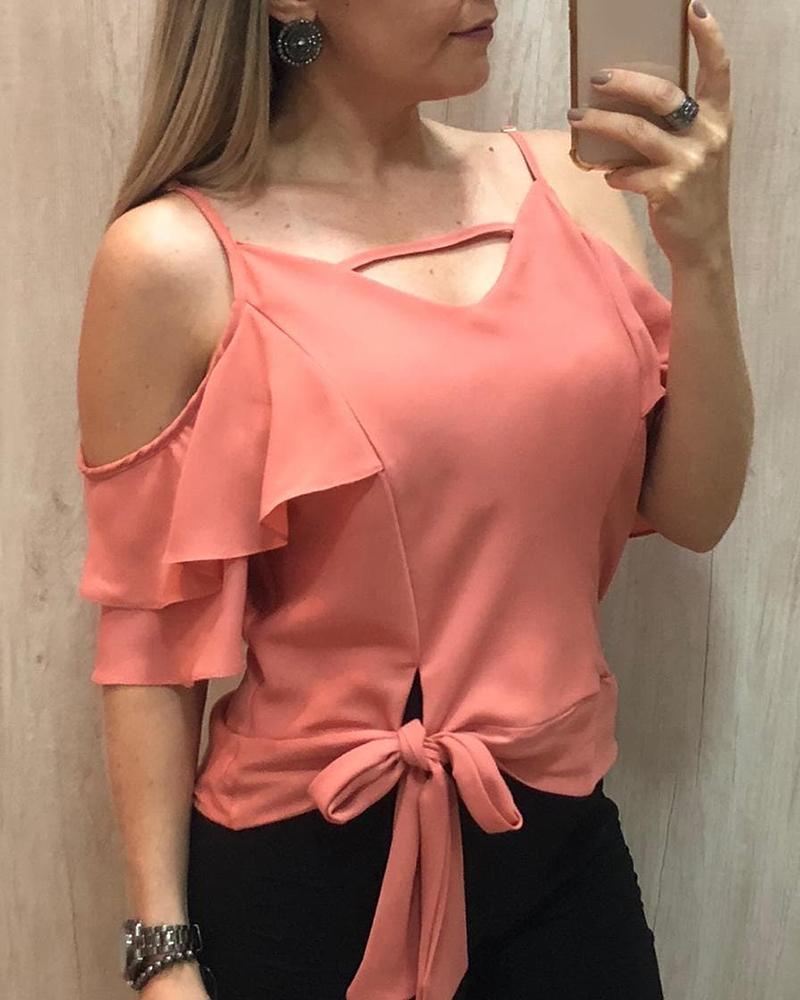 

Cold Shoulder Ruffles Knotted Front Top, Pink