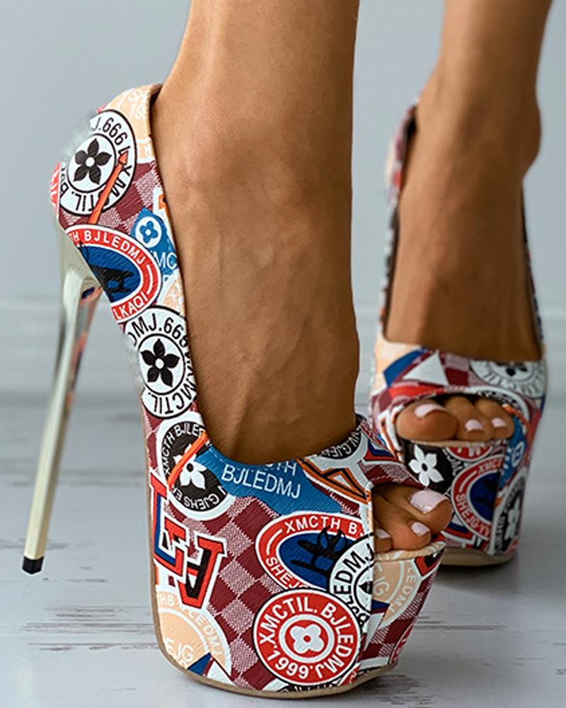 

Graphic Print Peep Toe Platform Stiletto Heels, Multicolor