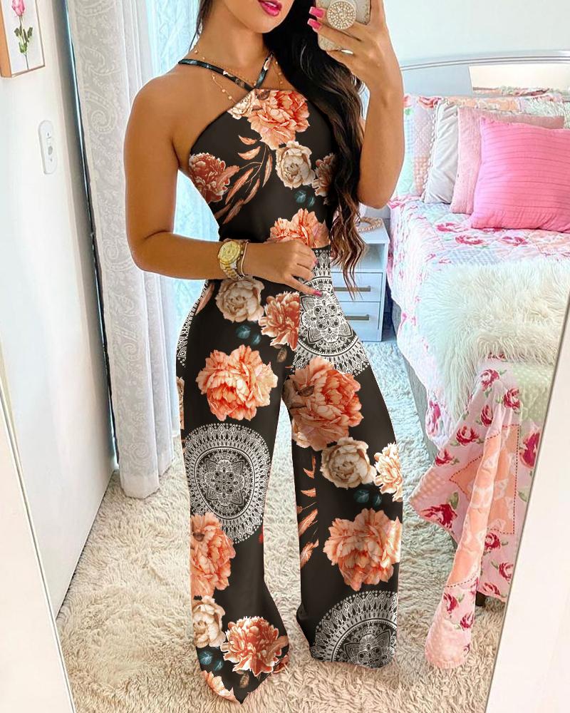 

Halter Crochet Floral Print Jumpsuit, Multicolor