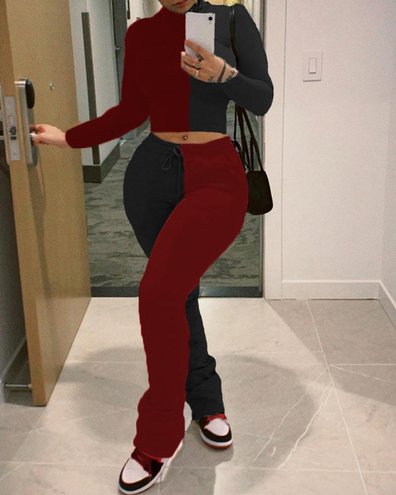 

Colorblock Long Sleeve Crop Top & Fold Pants Set, Red