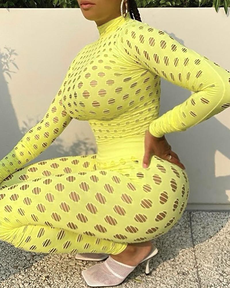 

Hollow-out Long Sleeve Top & High Waist Pants Set, Yellow