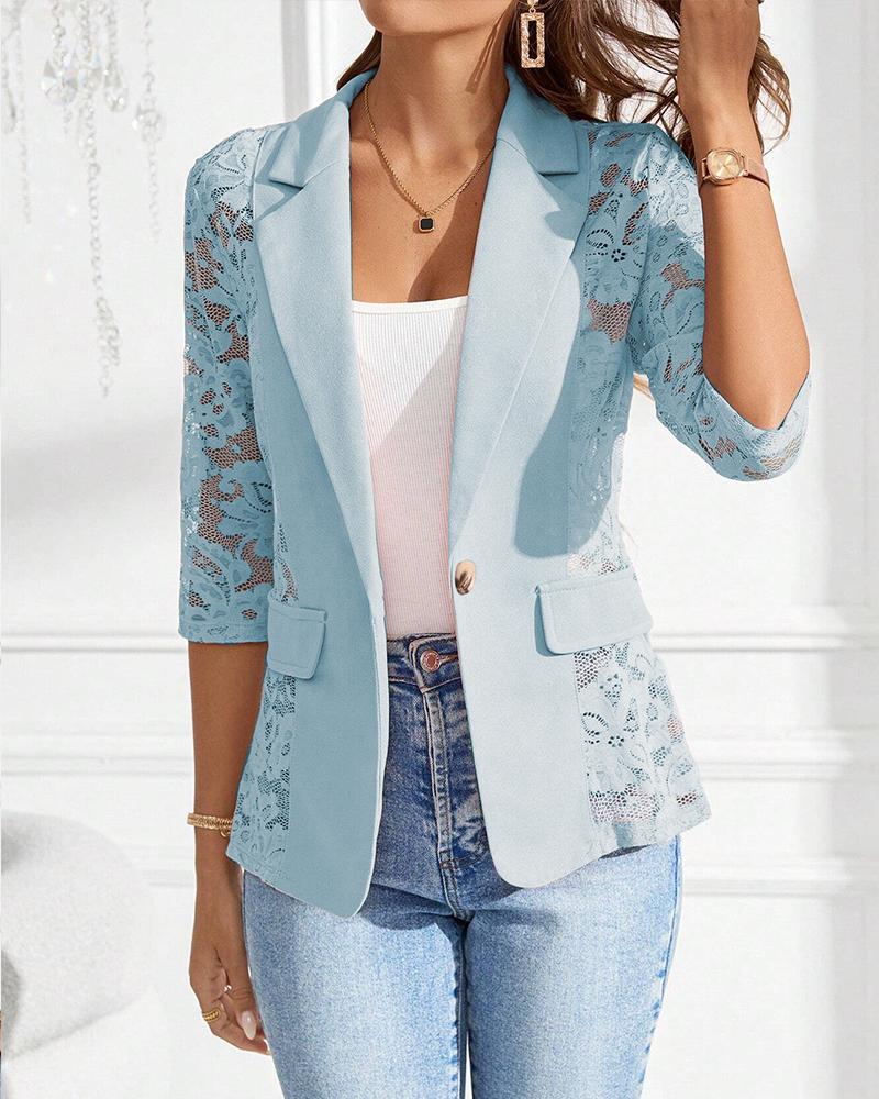 

Lapel Neck Lace Patch Single Button Flap Detail Sheer Blazer Coat, Blue