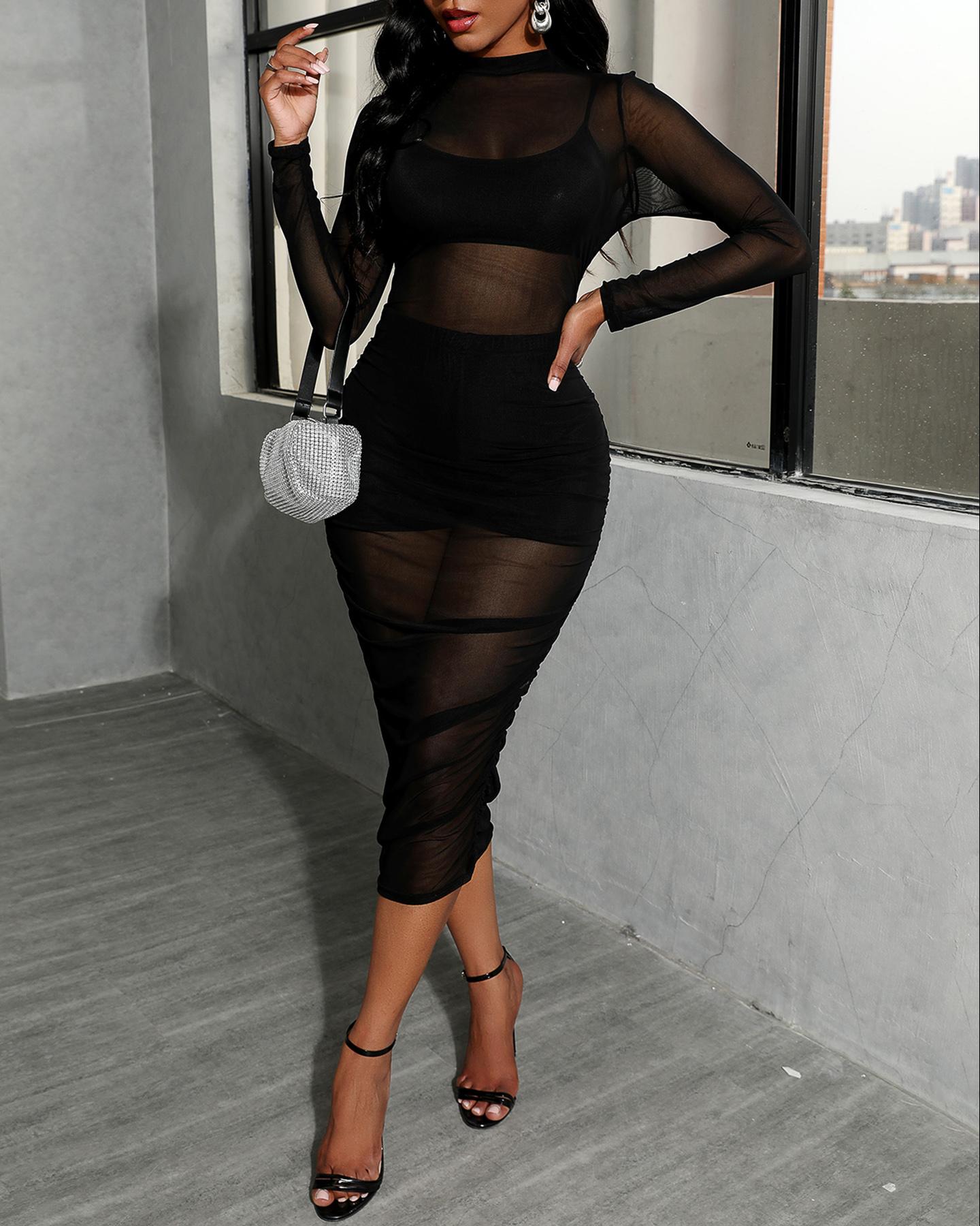 

3PCS Crop Top & Shorts Set With Sheer Mesh Dress, Black