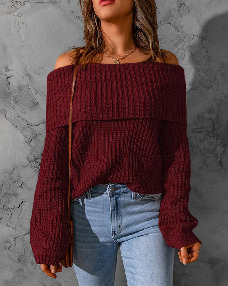 

Off Shoulder Chunky Knit Sweater, Wine red