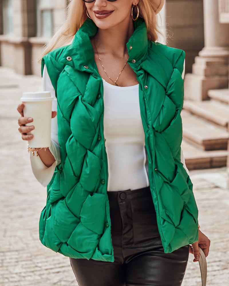 

Snap Button Quilted Vest Puffer Jacket, Green