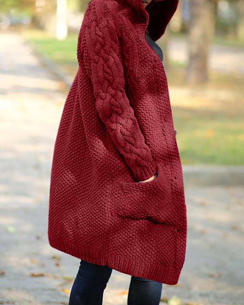 

Long Sleeve Hooded Buttoned Knit Braided Cardigan, Wine red