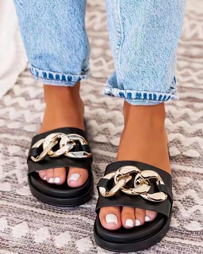 

Chain Decor Round Toe Slippers, Black