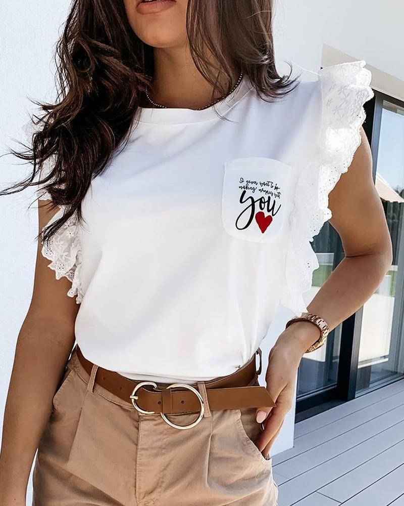 

Heart Letter Print Lace Trim Casual Top, White