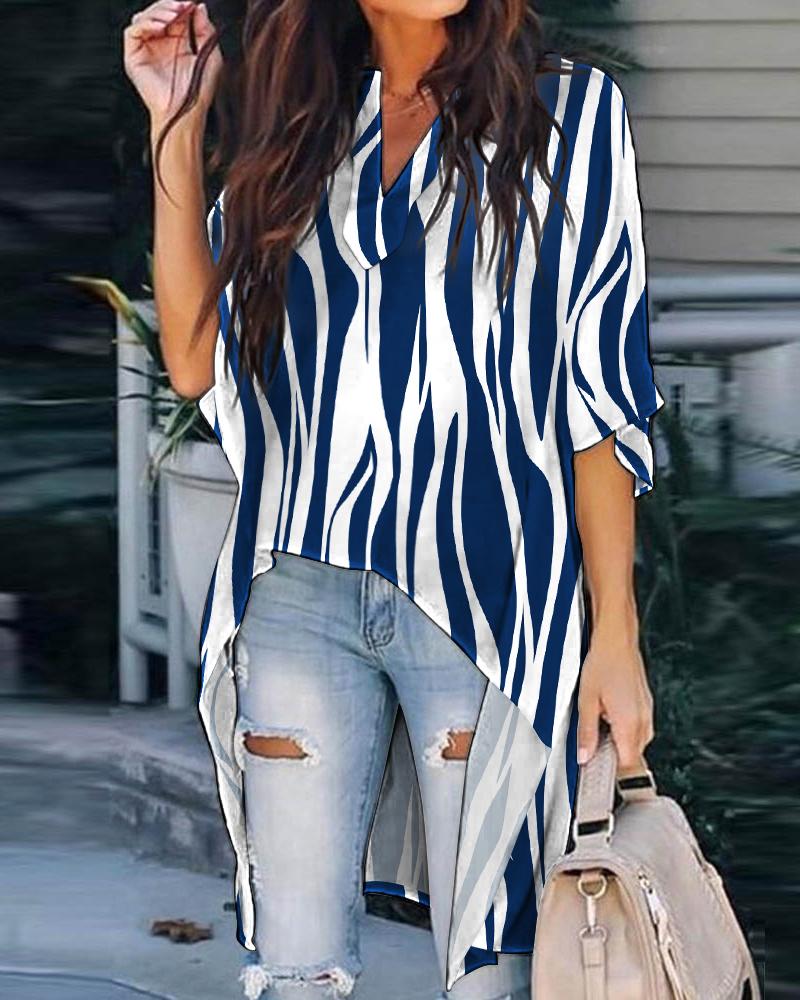 

Zebra Stripe Print Batwing Sleeve High Low Hem Top, Purplish blue
