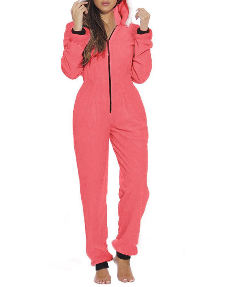 

Christmas Zip Front Pom Pom Fluffy Lounge Jumpsuit, Pink