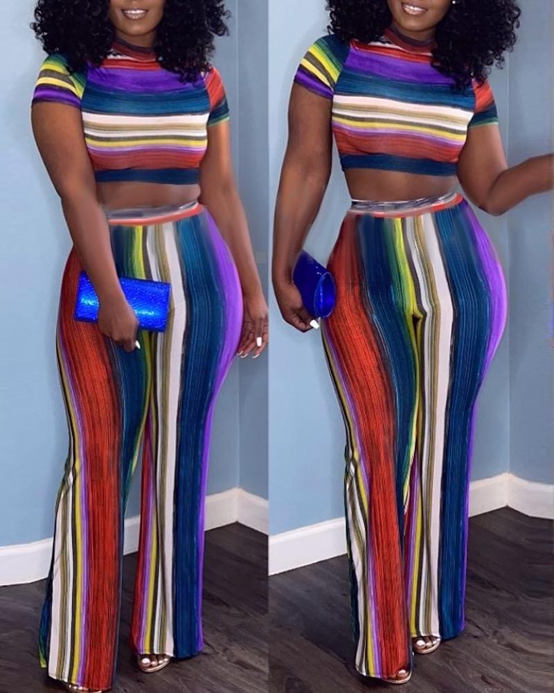 

Colorblock Striped Print Crop Top & Pants Set, Multicolor