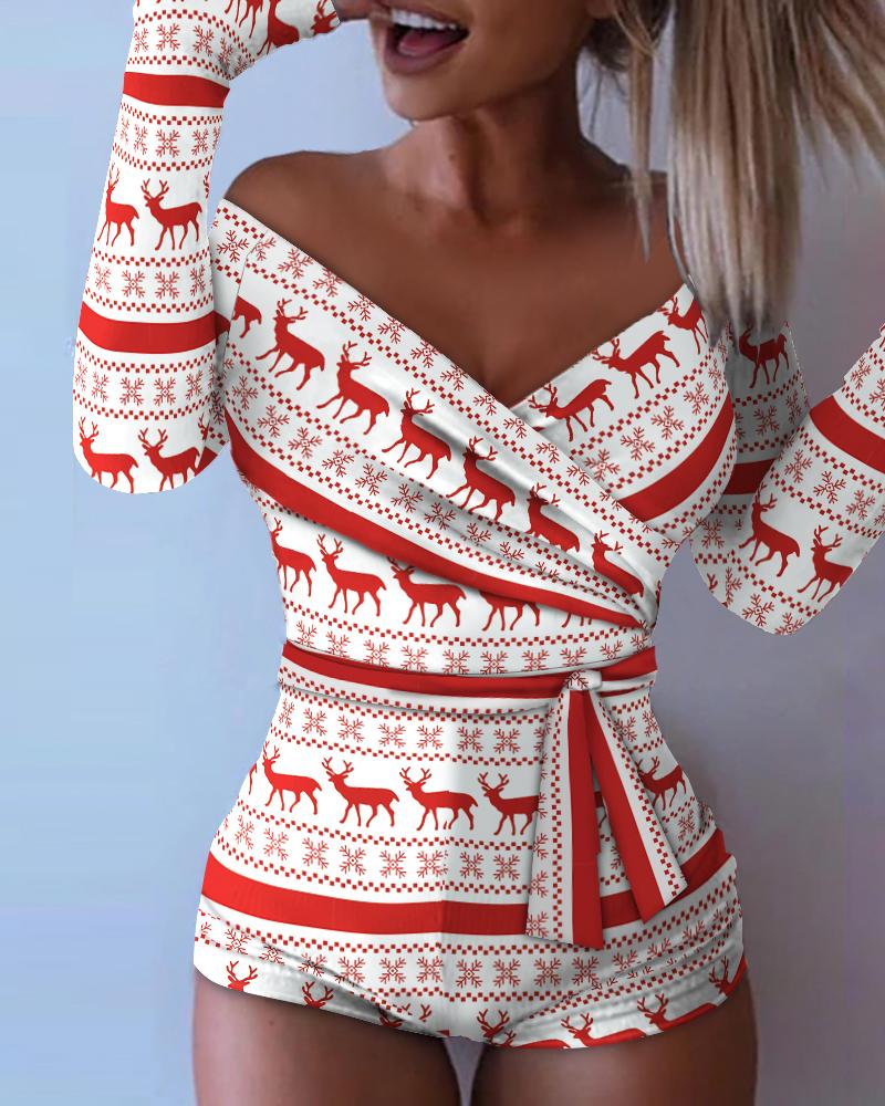 

Christmas Snowflake Elk Print Wrap Tied Detail Adult Onesie, Red