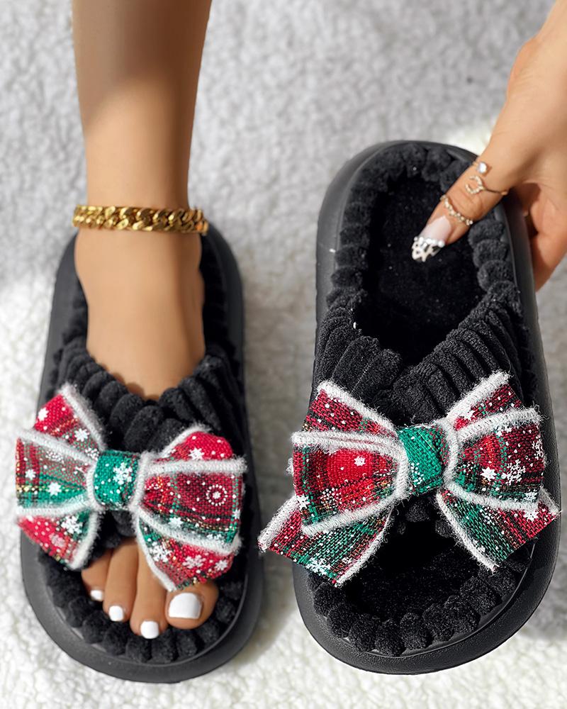 

Christmas Plaid Bowknot Design Non-Slip Fuzzy Winter Slippers, Black