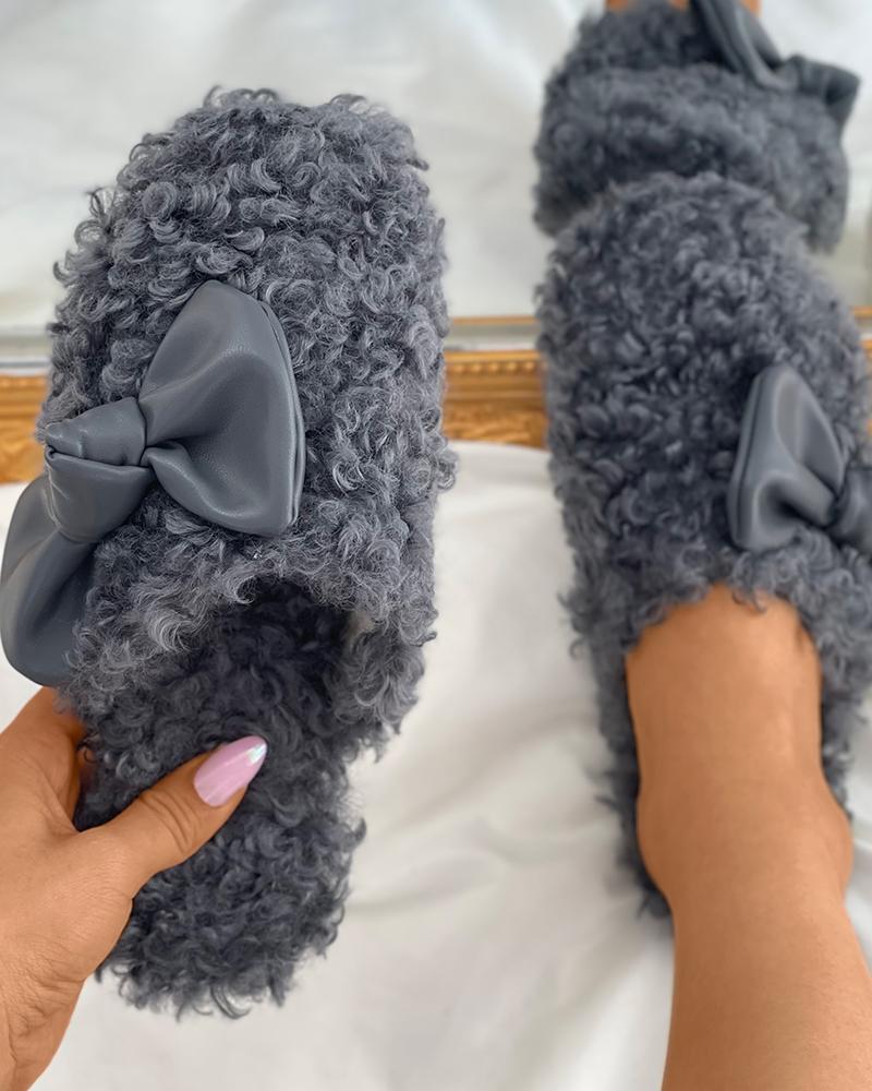 

Bowknot Decor Fluffy Casual Slippers, Gray