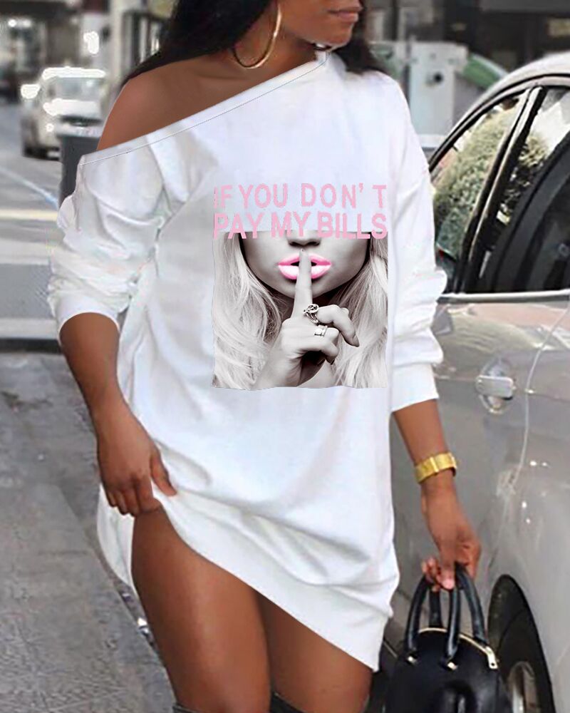 

Slogan Letter Print Long Sleeve Casual Dress, White