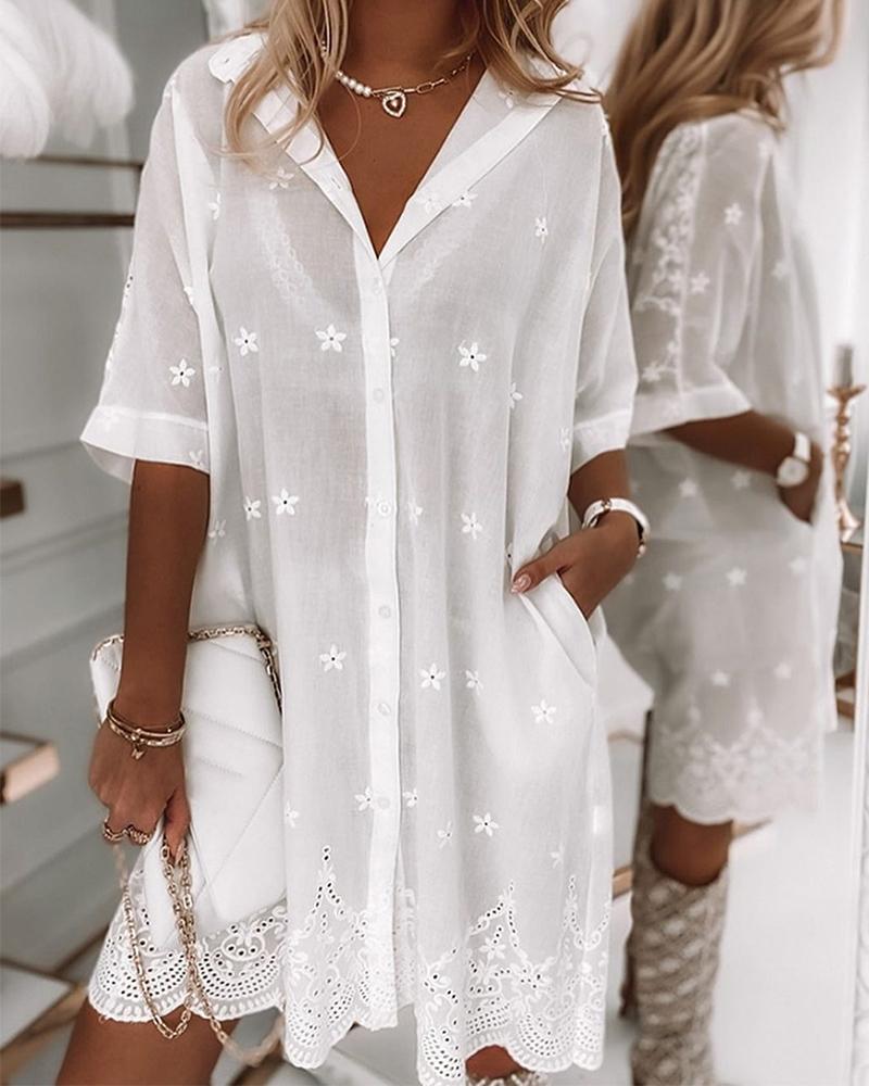 

Eyelet Embroidery Lace Short Sleeve Shirt Mini Dress, White