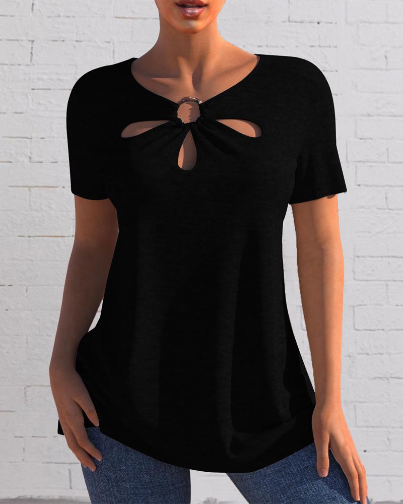 

O-Ring Hollow Out Casual T-shirt, Black