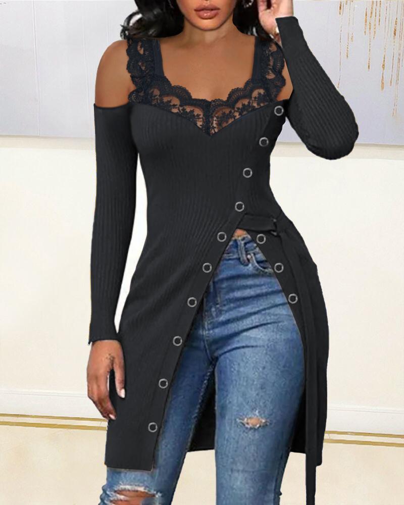 

Cold Shoulder Contrast Lace Button Decor High Split Top, Black