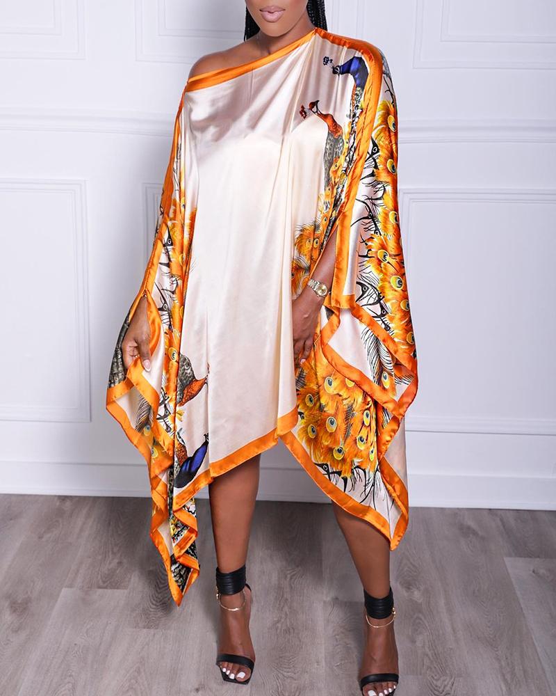 

Peacock Print Batwing Sleeveless Asymmetrical Dress, Orange