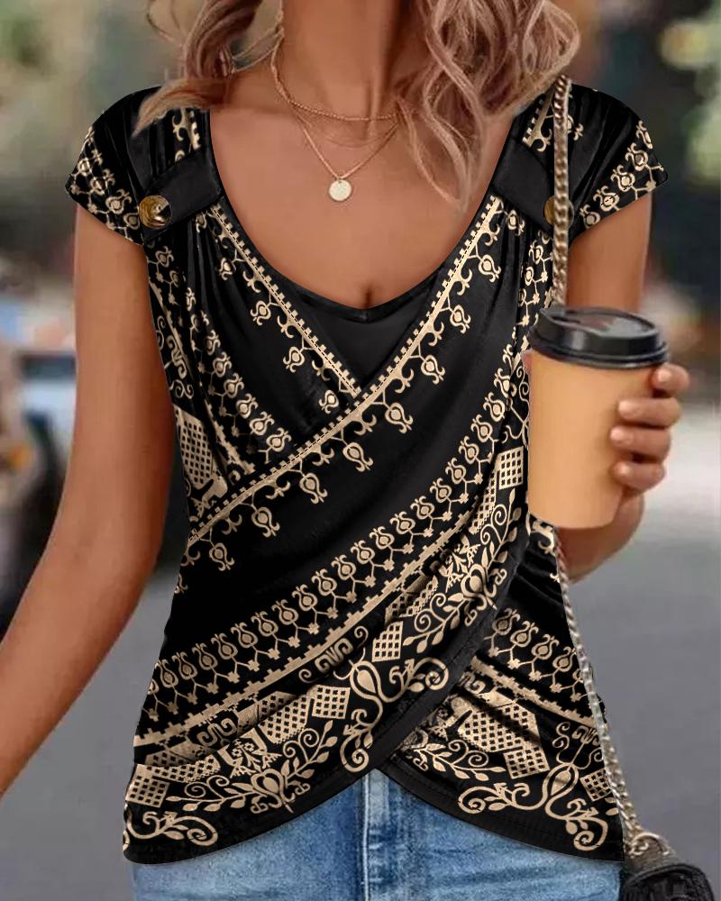 

Tribal Print Deep V-Neck Cap Sleeve Wrap Top, Black