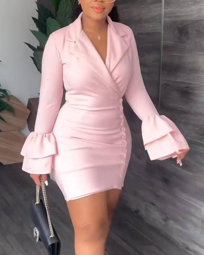 

Ruffles Buttoned Notched Collar Blazer Dress, Pink