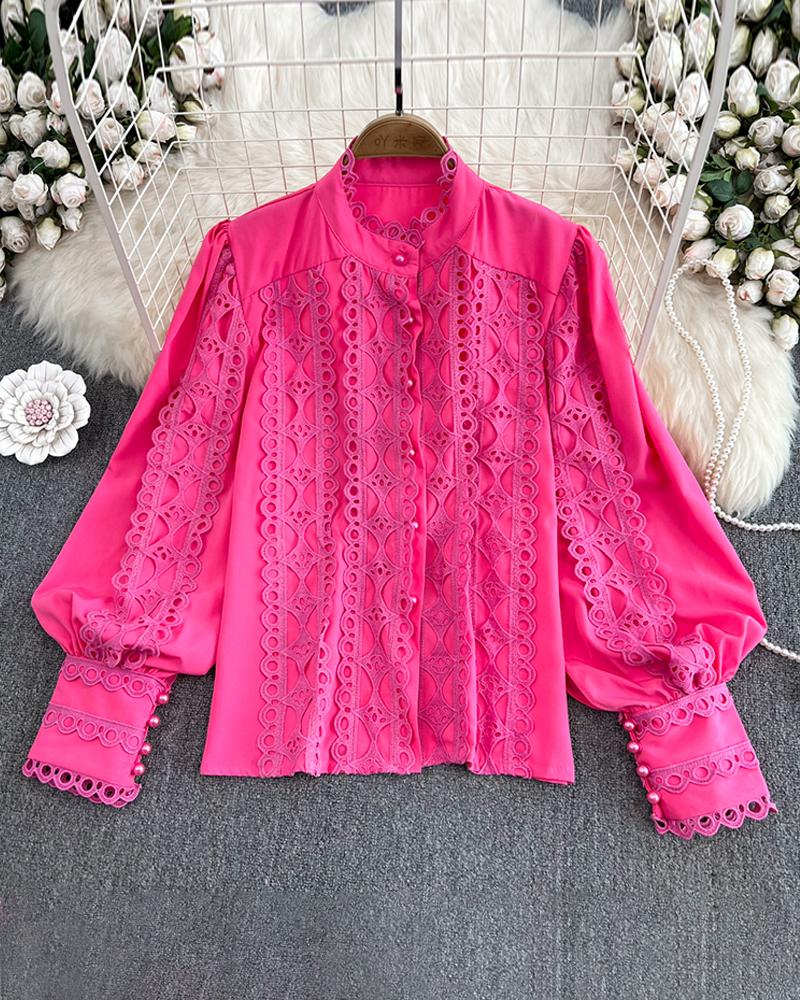 

Contrast Lace Stand Collar Buttoned Top, Hot pink