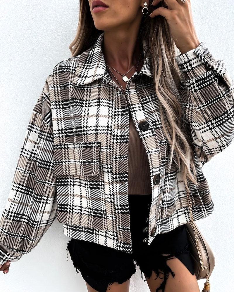 

Plaid Print Flap Detail Button Front Shacket, Khaki