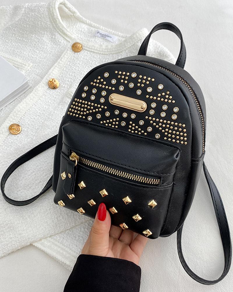 

Studded Rhinestone Decor Zipper Design Backpack Trendy School Bag, Black
