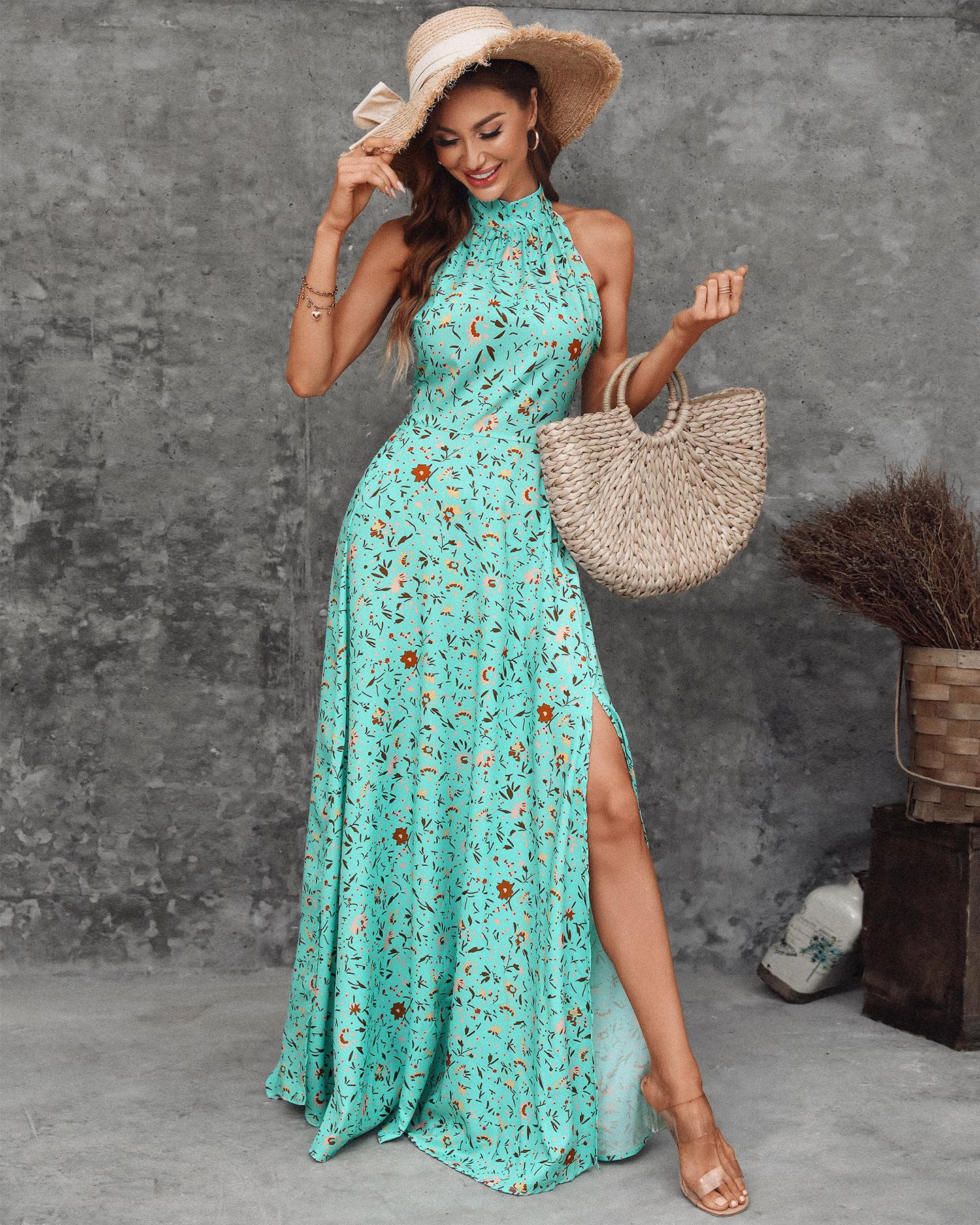 

Floral Print Sleeveless High Slit Maxi Dress, Green