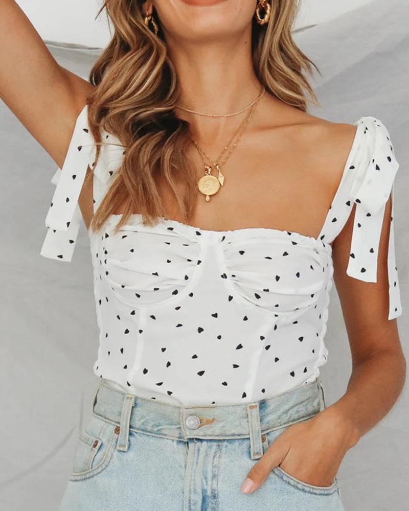 

Heart Print Shirred Sling Skinny Tank Top, White