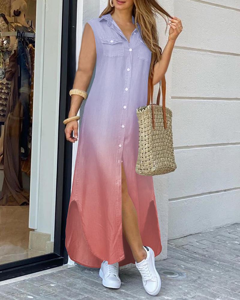 

Turn Down Collar Pocket Design Button Gradient Color Dress, Pink