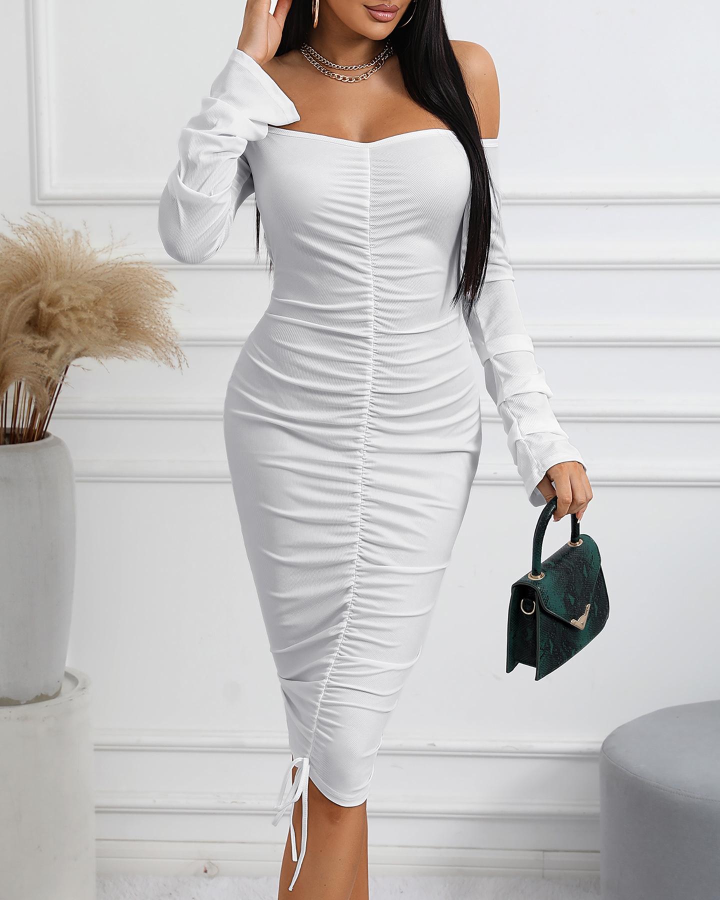 

Off Shoulder Ribbed Ruched Bell Sleeve Dress, White