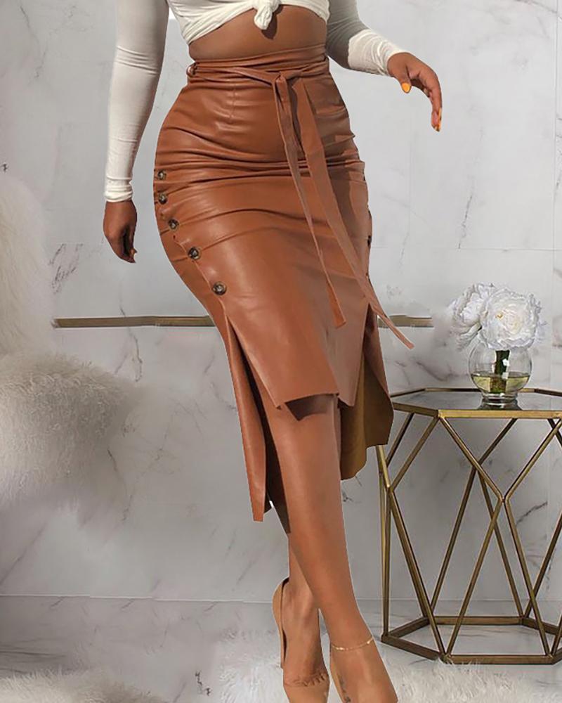 

PU Leather Slit Tied Detail Ruched Buttoned Skirt, Brown