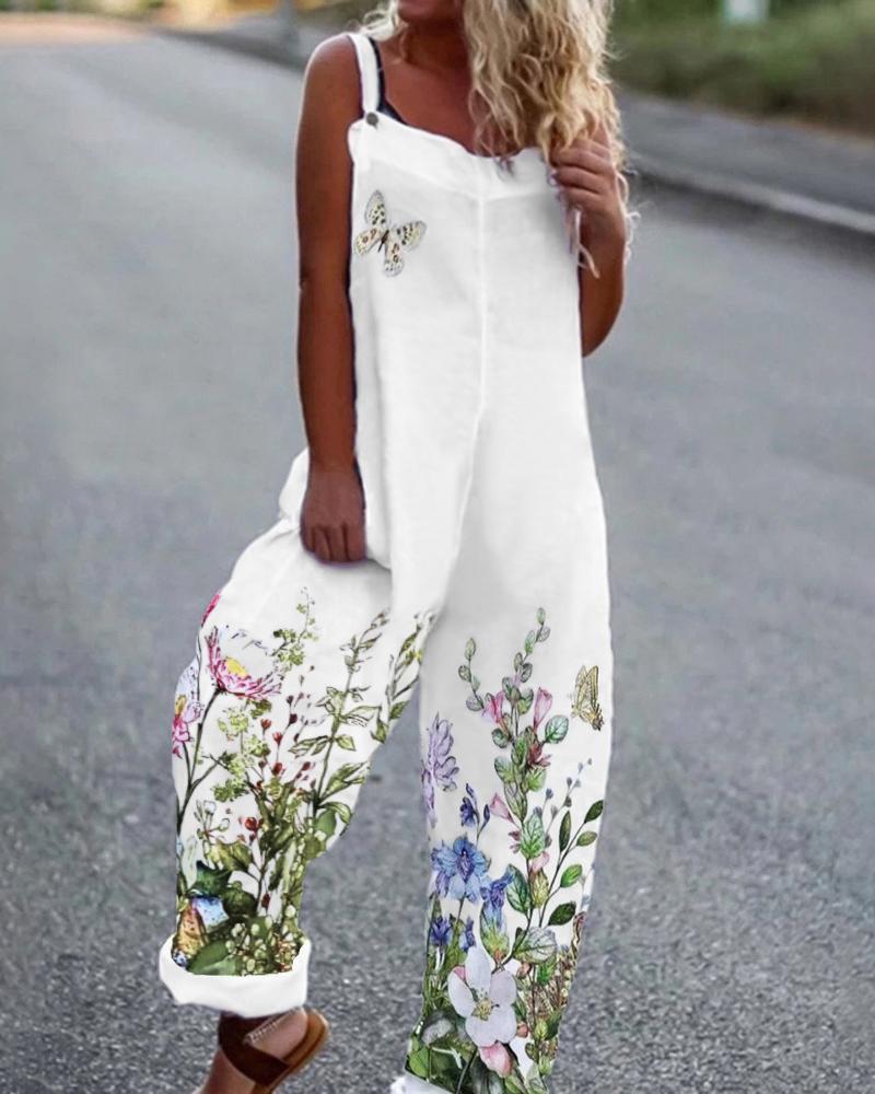 

Floral Butterfly Print Csual Suspender Jumpsuit, White