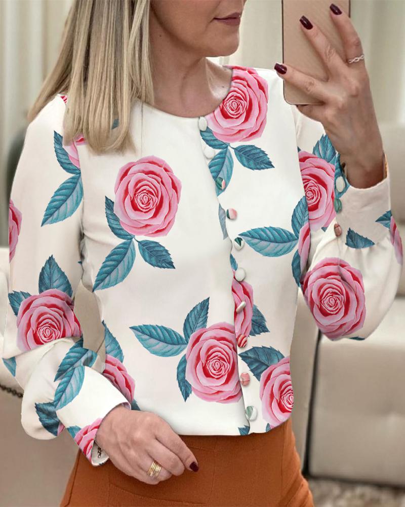 

Floral Print Button Front Long Sleeve Top, White