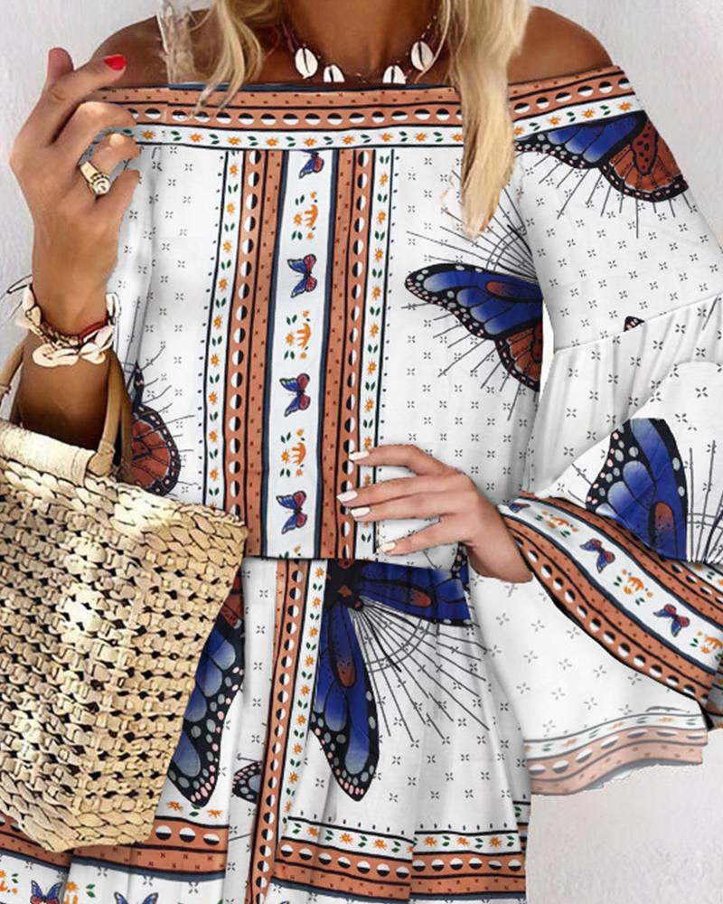 

Off Shoulder Butterfly Print Long Sleeve Dress, White