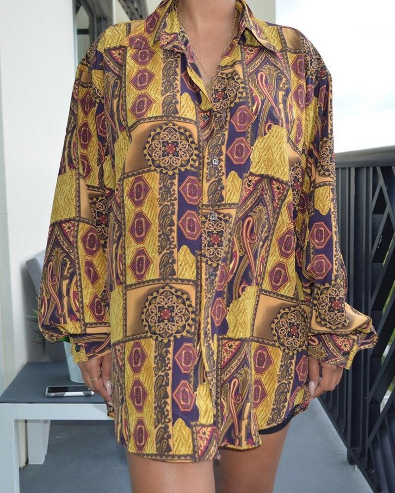 

Long Sleeve Scarf Graphic Print Button Design Shirt, Style4