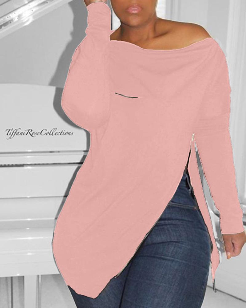 

Zipper Design Cold Shoulder Slit Sweatshirt, Pink