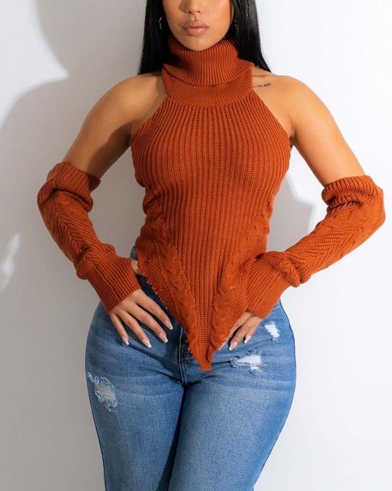 

Halter Backless Asymmetrical Cable Knit Sweater With Gloves, Brown