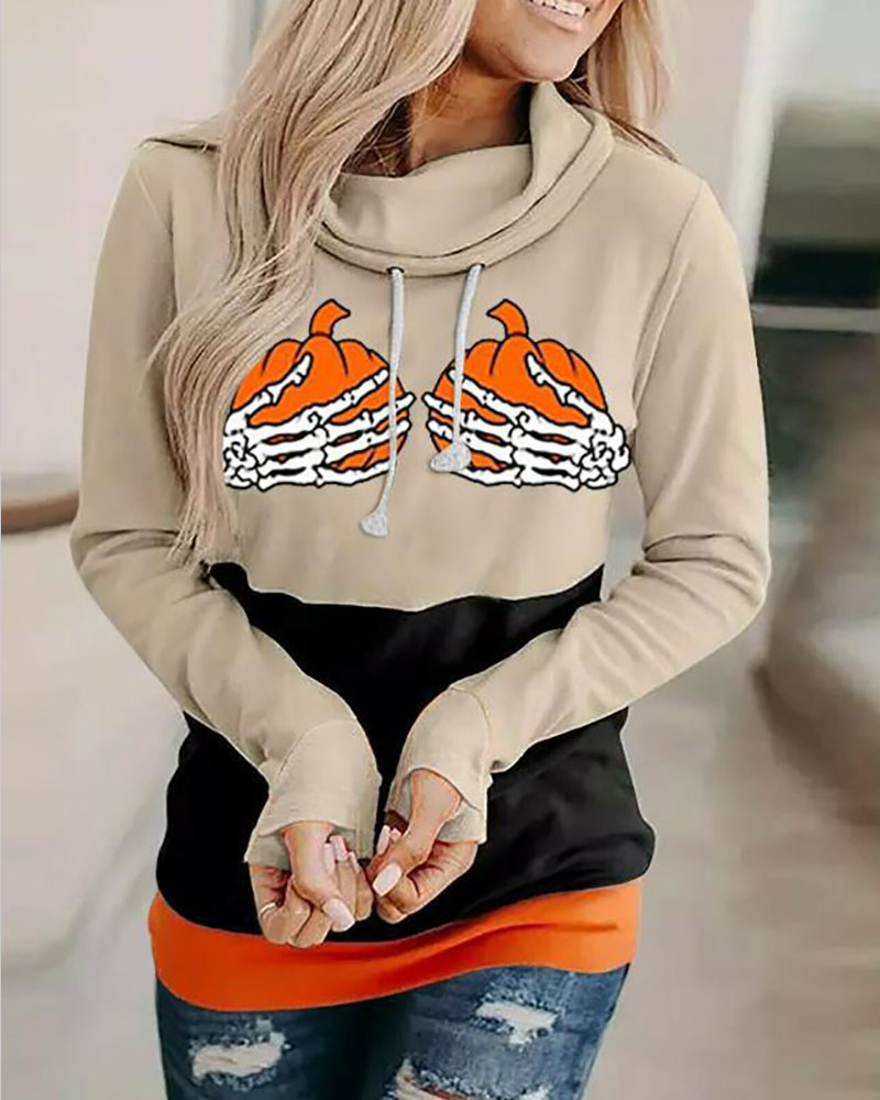

Halloween Pumpkin Skull Print Long Sleeve Hooded Top, Khaki